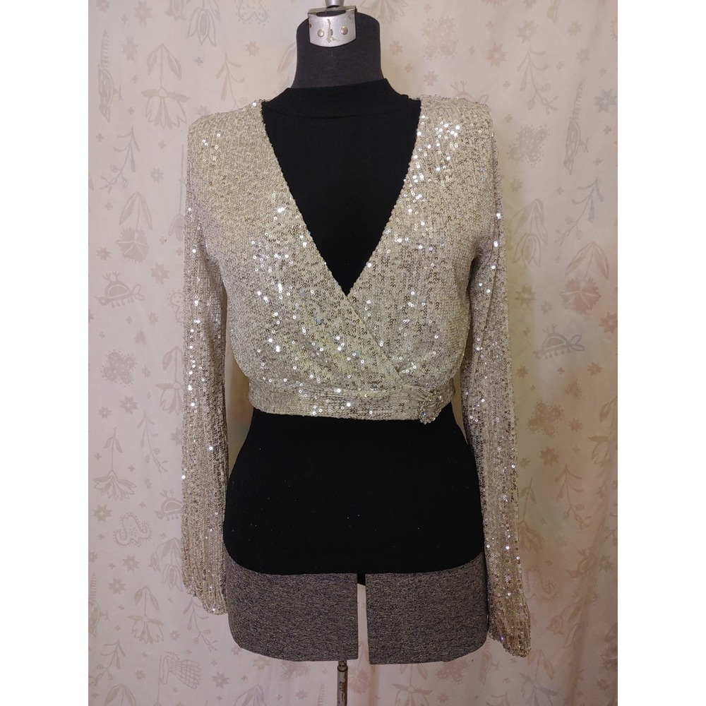Sequin V Neck Top Women's Medium Gold Long Balloon Sleeve Holiday Party Zip In